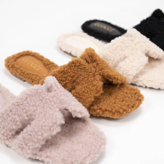 COZY BORG FUR H-SHAPED SLIDE SANDAL: MAUVE / 5.5