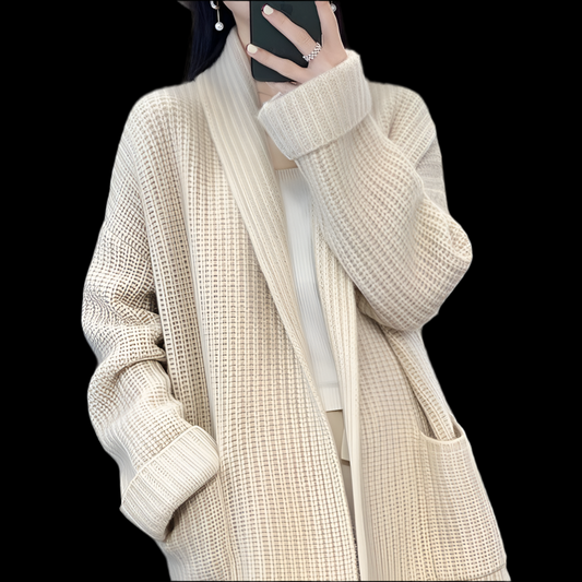 Vibrant V-Neck Mid-Length Cardigan Sweater: WHITE / FREE SIZE