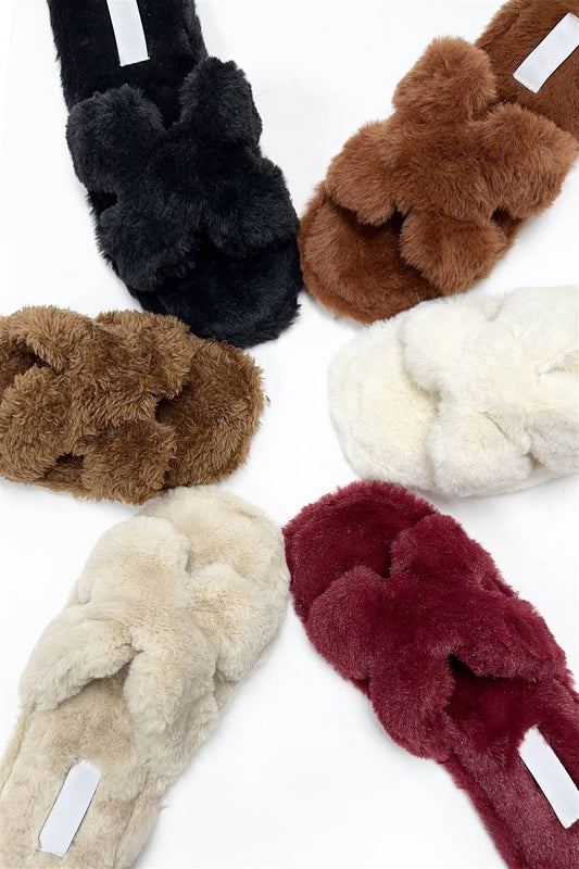 COMFY-1 FURRY H-BAND COZY SLIDE SANDALS: BEIGE / B18