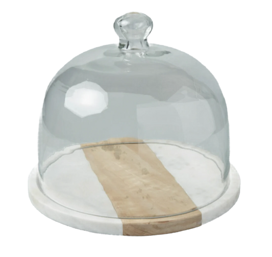 White Marble & Wood Glass Cloche